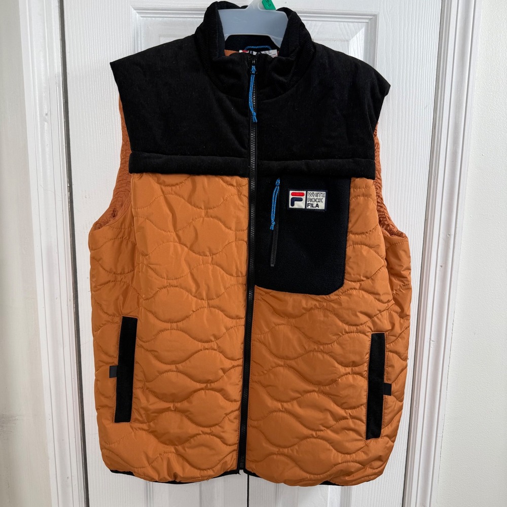 Fila White Rock Puffer Vest Medium Orange Black Gorpcore Corduroy Quilted